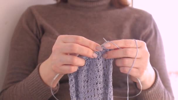 編み針、未完成の編み物、女性の手. - 映像、動画