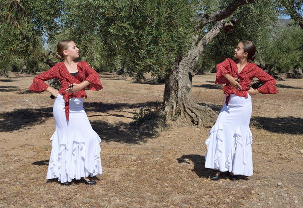 Twee meisjes oefenen flamenco in een olijfboomgaard - Foto, afbeelding