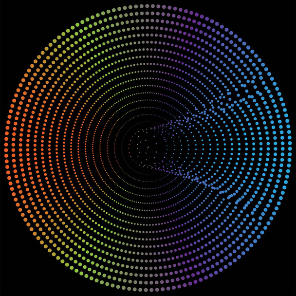 Radiaal element met willekeurige stippen, cirkels, ringen als deeltjes. Di - Vector, afbeelding