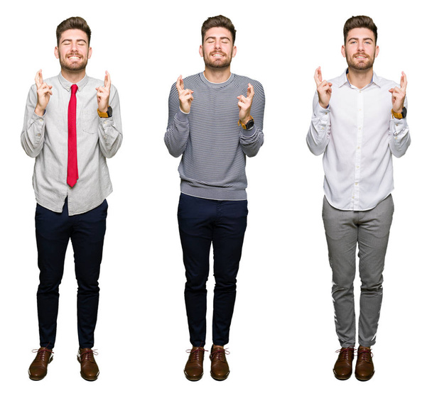Collage of handsome young business man over white isolated background smiling crossing fingers with hope and eyes closed. Luck and superstitious concept. - Фото, изображение