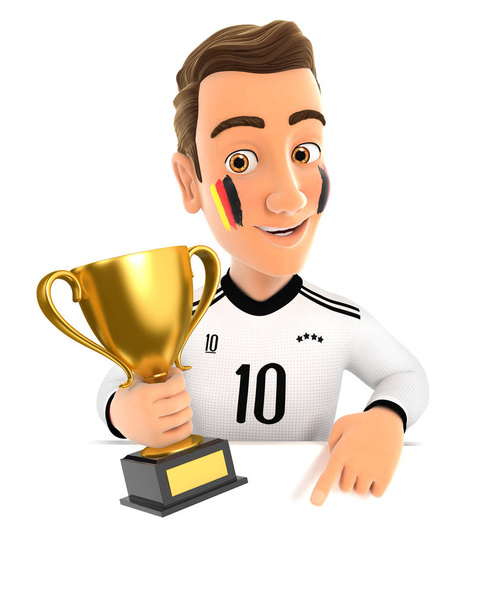 3d немецкий футбольный болельщик с кубком трофея указывая на пустую стену
 - Фото, изображение