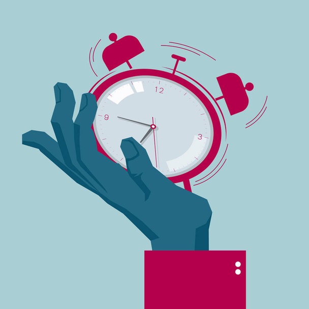Alarm clock is in the hand. Isolated on blue background. - Vector, Image
