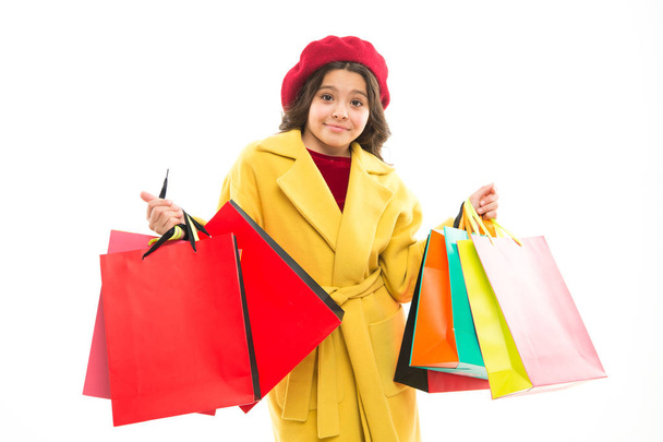 Sale discount. Shopping day. Happy smiling child hold packages. Tricks for profit. Favorite brands and hottest trends. Mid season sale. Girl with shopping bags. Shopping and purchase. Black friday - Fotó, kép