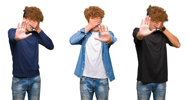 Collage van jonge mannen met krullend haar over geïsoleerde witte achtergrond bedekken ogen met handen en doen stop gebaar met droevige en angst uitdrukking. Beschaamd en negatief concept. - Foto, afbeelding
