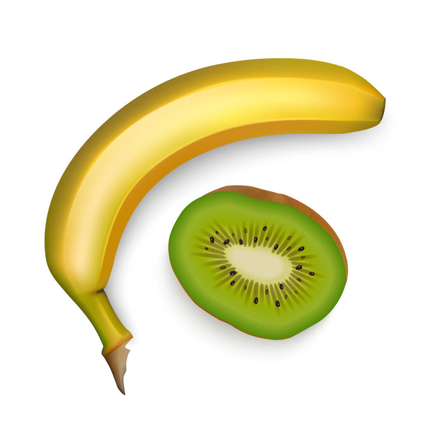 Realistyczne owoce, banan i kiwi na białym tle, ilustracja wektorowa - Wektor, obraz