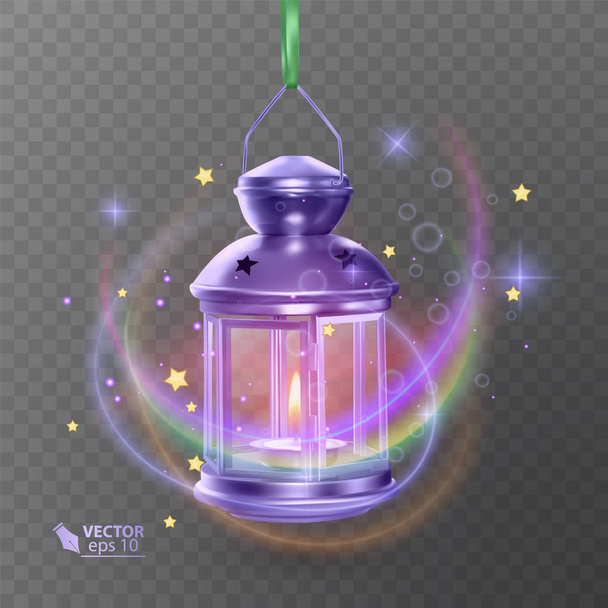 Фиолетовая волшебная лампа в окружении ярких эффектов, реалистичная лампа на прозрачном фоне, векторная иллюстрация
 - Вектор,изображение