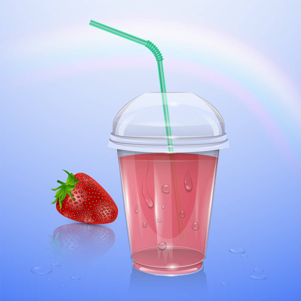 Juice mockup, smoothie Cup geïsoleerd op transparante achtergrond, 3D-illustratie. Realistische plastic beker met aardbei sap, vector illustratie - Vector, afbeelding