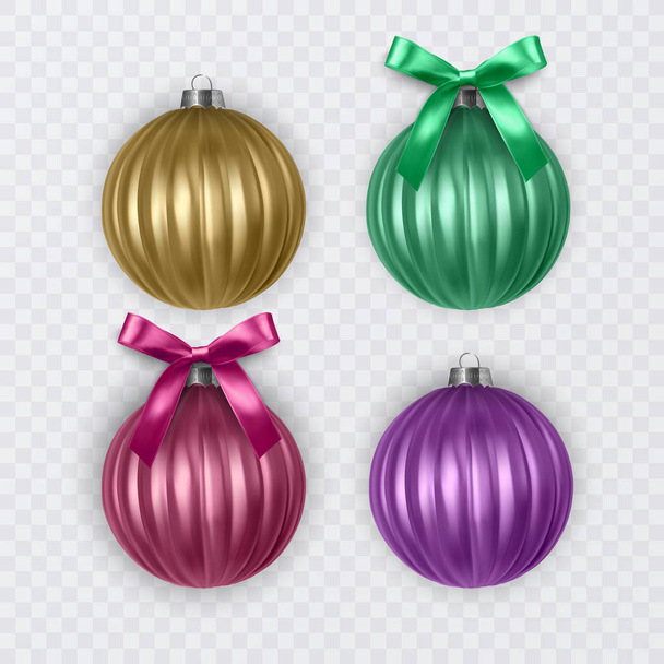 Colorful christmas balls with realistic bow on transparent background, vector christmas decorations - Vector, Image
