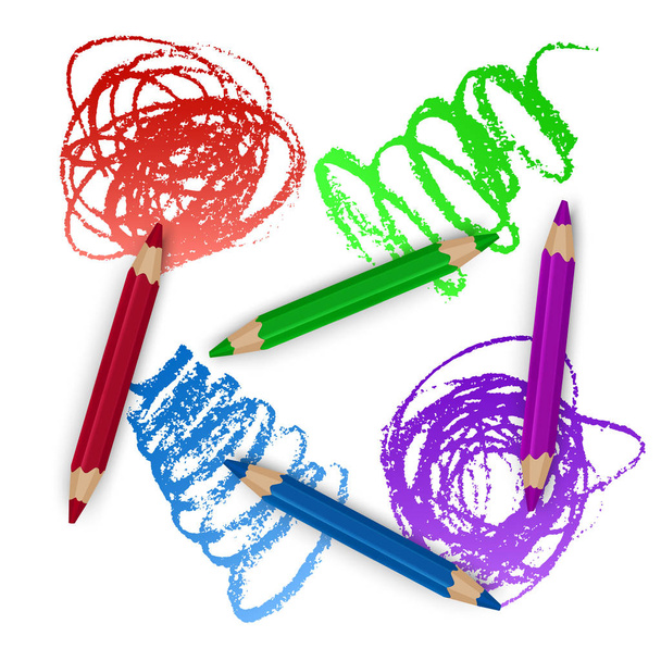 realistische Reihe von Buntstiften, Buntstiften mit Pinselstrichen Hintergrund, zurück zur Schulkunst. Vektorillustration - Vektor, Bild