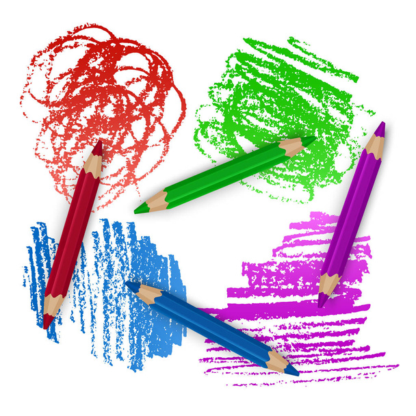Conjunto realista de lápices de colores coloridos, lápices de colores con pinceladas Fondo, Volver al arte de la escuela. Ilustración vectorial
 - Vector, Imagen