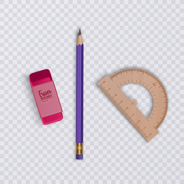 Un lápiz realista con una goma de borrar y regla sobre un fondo transparente, papelería y artículos escolares, vector eps 10 ilustración
 - Vector, Imagen