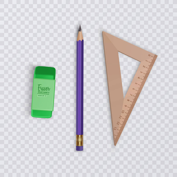Realistinen kynä, jossa on pyyhekumi ja viivoitin läpinäkyvällä taustalla, kirjepaperia ja koulutarvikkeita, vektori eps 10 kuva
 - Vektori, kuva