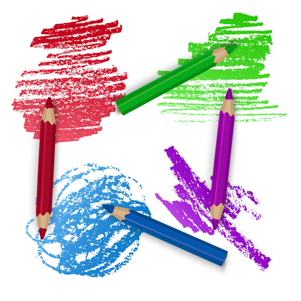 Conjunto realista de lápices de colores, lápices de colores con fondo pinceladas, Volver al arte de la escuela. Ilustración vectorial
 - Vector, Imagen