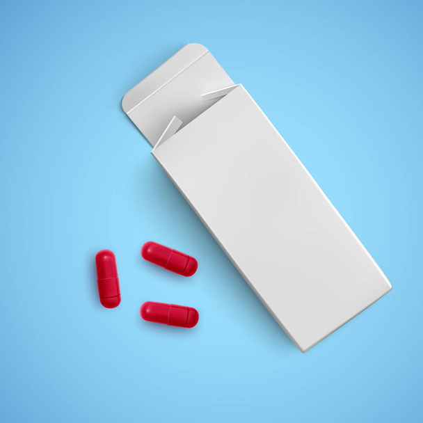 Orvosi tabletták és papír csomagolások gyógyszerekhez, fehér szín, gyógyszercsomagok sablonjai, vektoros illusztráció - Vektor, kép