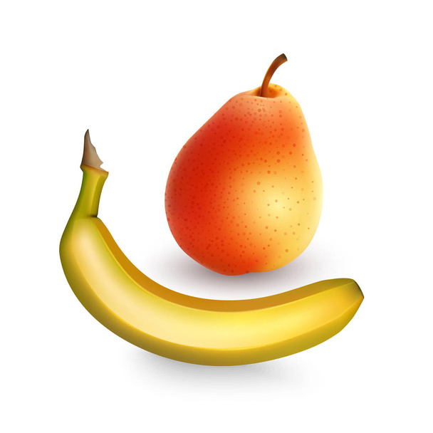 Realistic vector illustration with pear and banana on white background, 3D illustration - Vektori, kuva