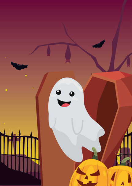 halloween ghost with coffin in cemetery scene - Διάνυσμα, εικόνα