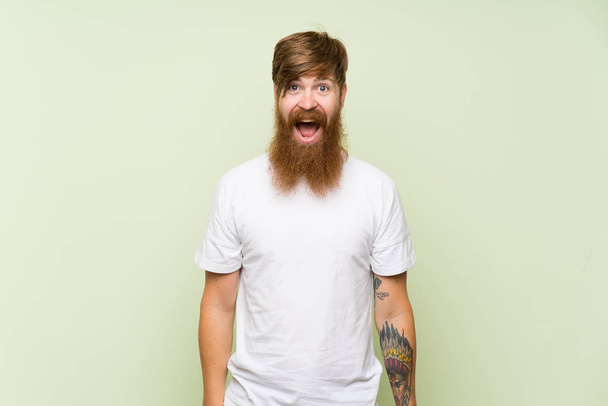 Kızıl saçlı, uzun sakallı, yalıtılmış yeşil bir geçmişi olan, sürpriz bir yüz ifadesi olan bir adam. - Fotoğraf, Görsel