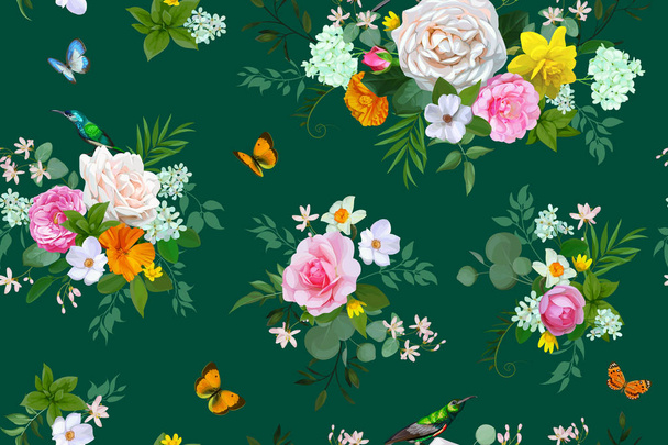 Kaunis saumaton kuvio kukka rypäleterttuja ruusuja kevät mekko kangas
 - Vektori, kuva