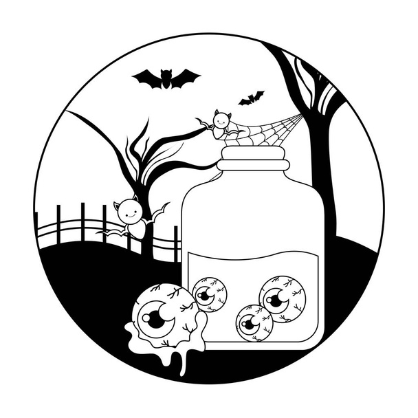 pot avec les yeux effrayant avec des icônes dans la scène Halloween
 - Vecteur, image