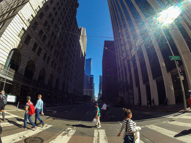 San Francisco, USA - September 24, 2019, financial business district, modern skyscrapers in the center of San Francisco, California, fisheye view. Concept, american dream. - Photo, image
