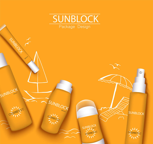 mono-color orange trendy illustration, sun-protection cosmetics packaging design template. Sunscreen and sunblock cream, spray, milk, antiperspirant - Вектор, зображення