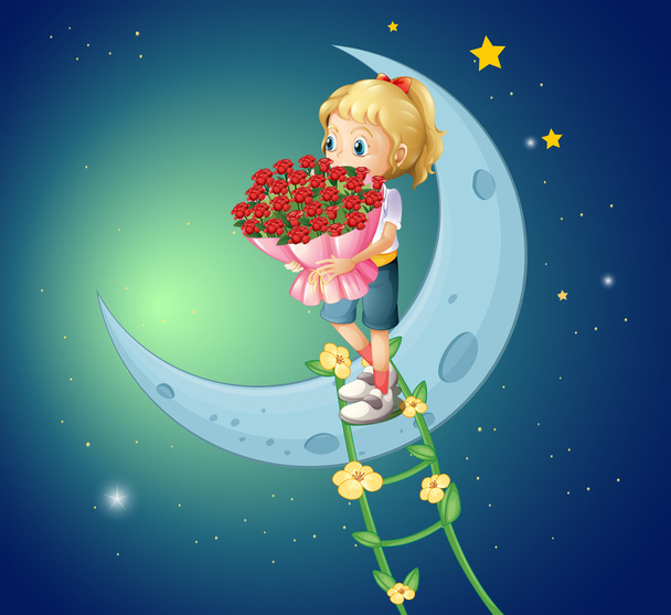 A girl going to the moon with a bouquet of roses - Vector, Image