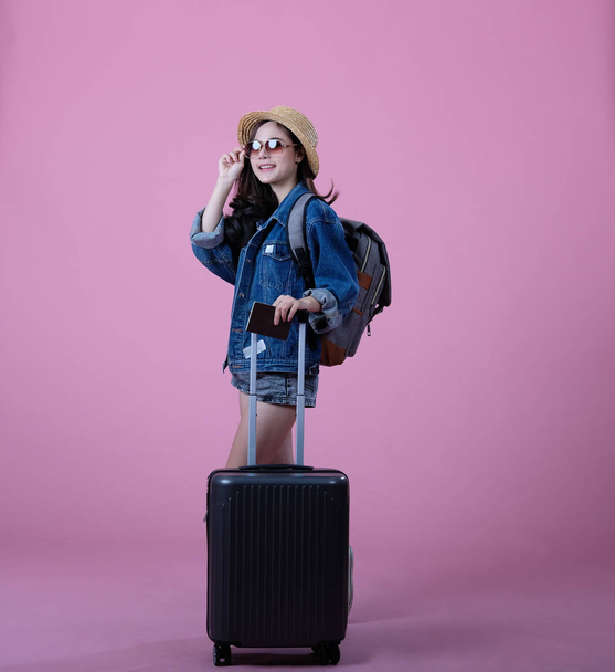 woman backpacker traveler with backpack & passport. journey trip - Фото, изображение