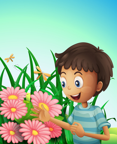 Um menino no jardim com flores e libélulas
 - Vetor, Imagem