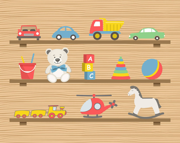 Shelves with toys. There are cars, a helicopter, teddy bears, a rocking horse, a ball, a train and other items in the picture. Toys for the baby boy. Vector illustration on a wooden background - Vector, Image