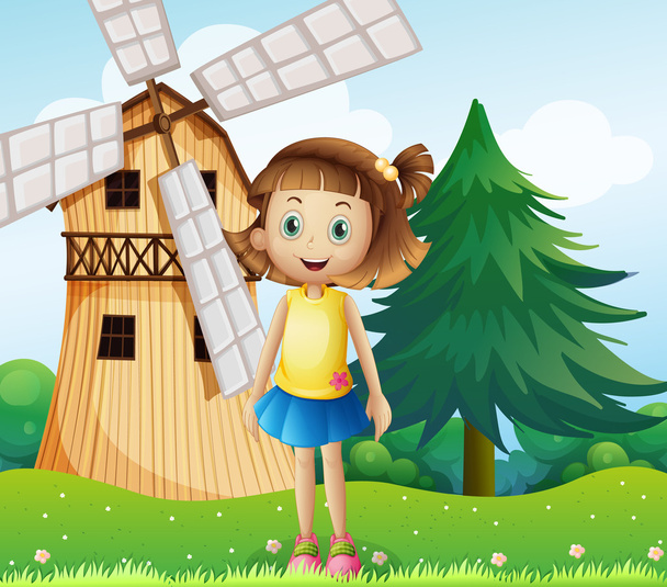 ένα νεαρό κορίτσι κοντά η αγροικία με έναν ανεμόμυλο - Διάνυσμα, εικόνα