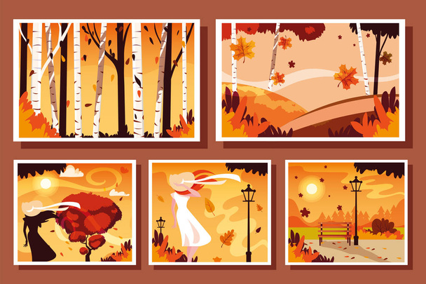 set kaarten met herfst landschap scènes - Vector, afbeelding