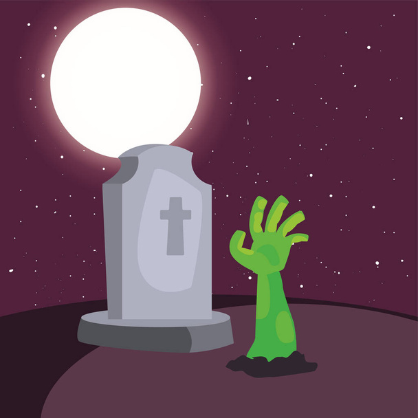 Zombie hand in begraafplaats scène - Vector, afbeelding