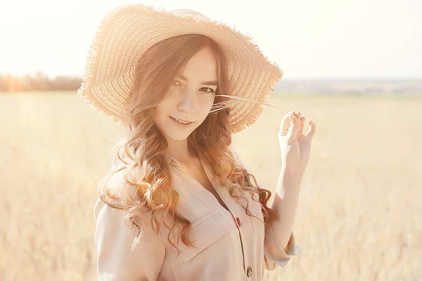 girl dress wheat field / happy summer vacation concept, one model in a sunny field - Фото, зображення