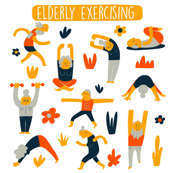 Divertido conjunto de vectores de dibujos animados de ejercicio de ancianos. Concepto de estilo de vida saludable para personas mayores
 - Vector, Imagen