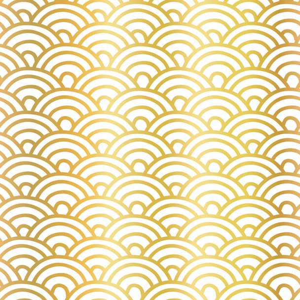 Feuille d'or poisson échelle motif vectoriel sans couture. Répétition géométrique métallique fond doré. Demi-cercles dessinés à la main dorés sur blanc. Design élégant abstrait pour la décoration, papier peint, emballage cadeau, cartes
 - Vecteur, image