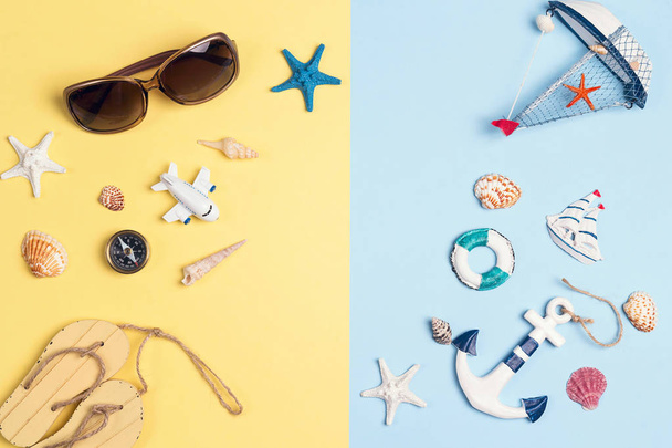 Flat lay travel concept with vacation accessories and symbols on - Fotoğraf, Görsel