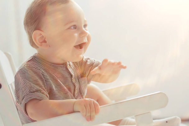 toddler child in a bright studio / little boy infant beautiful healthy child - Foto, Imagem