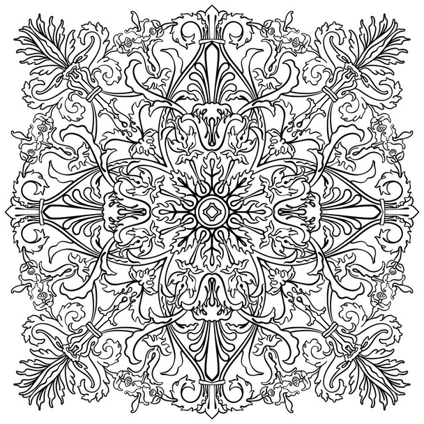 schwarzer und linearer Vektor antike römische, imperiale oder barocke quadratische Textilmuster mit Blumen und ornamentalen Motiven  - Vektor, Bild