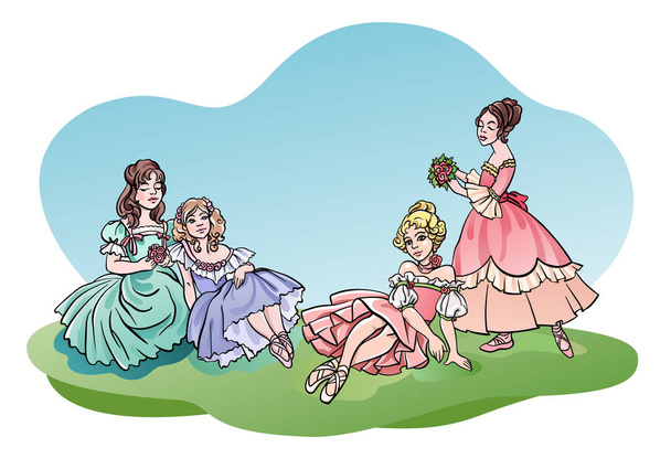 Ilustración vectorial de grupo o 4 pequeñas bailarinas hermosas en vestidos de baile clásicos y zapatos puntiagudos, sentadas en la hierba y quedándose, sosteniendo ramos de flores
 - Vector, imagen