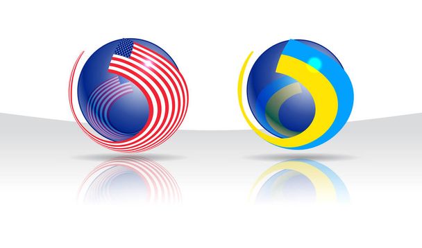 Two glossy spheres entwined with state flags of USA and Ukraine. Symbol of bilateral negotiations, interaction of countries. Headline for political article, top news. Star-striped and yellow-blue icon - Vektör, Görsel