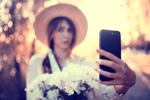 summer selfie girl tourist / gadget young model, makes photos, tourist trip rest - Photo, image