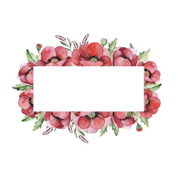 frame of handdrawn watercolor poppies and green leaves  - Fotó, kép
