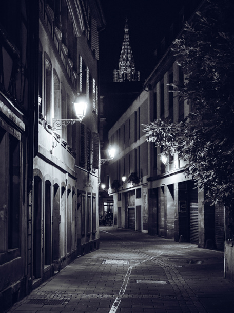 Noc w Strasburgu. Monochromatyczny Widok ulicy w centrum. - Zdjęcie, obraz