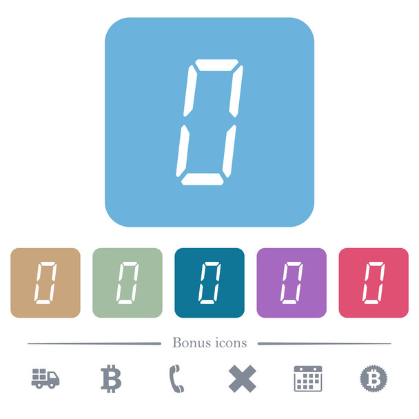 número digital cero de siete iconos planos de tipo segmento en fondos cuadrados redondeados a color
 - Vector, Imagen