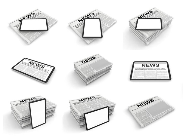 Digital news concept collection with business newspaper on tablet pc screen. 3D set - Photo, Image