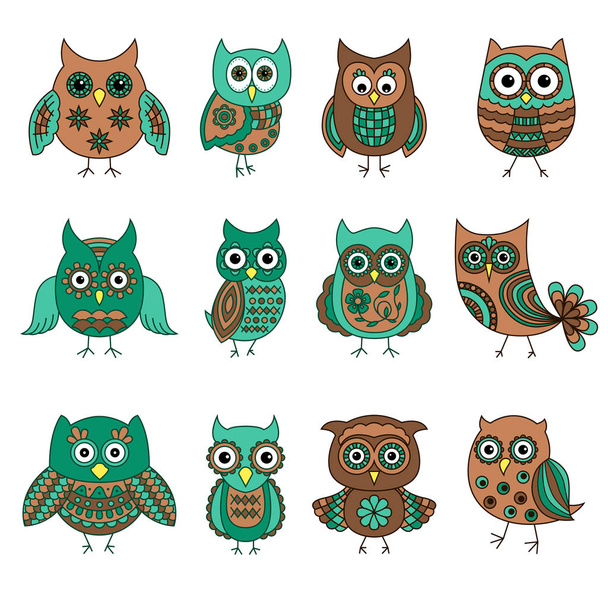 Set of twelve funny cartoon owls with various patterns - Vector, Image