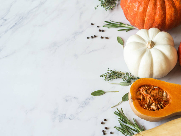 Pumpkins border of various sizes and colors and different raw herbs and spices on marble background. Copy space - Φωτογραφία, εικόνα