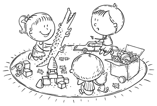 Niños jugando con juguetes en la alfombra
 - Vector, imagen