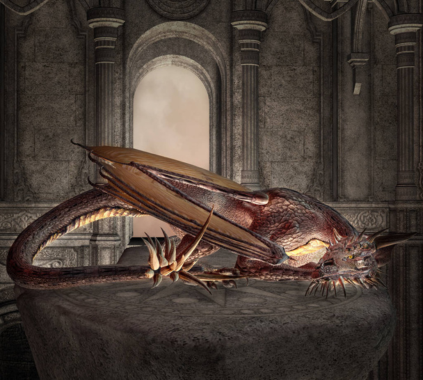 Mythological dragon sleeping inside an old medieval castle - Photo, Image