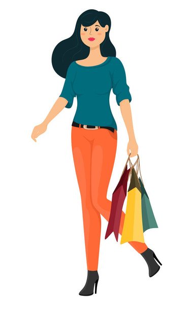 Krásná dívka nakupuje po nákupech. Izolace vektoru na bílém pozadí. - Vektor, obrázek